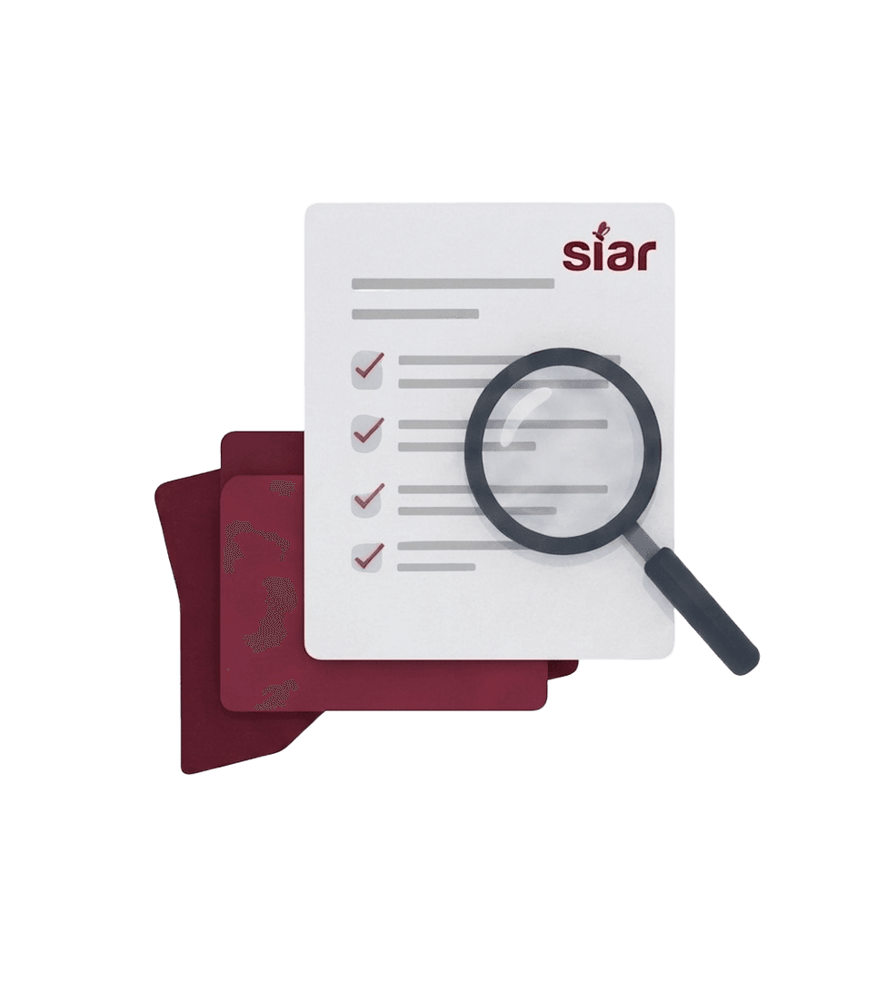 Documento con lista de verificación, carpetas y lupa de SIAR